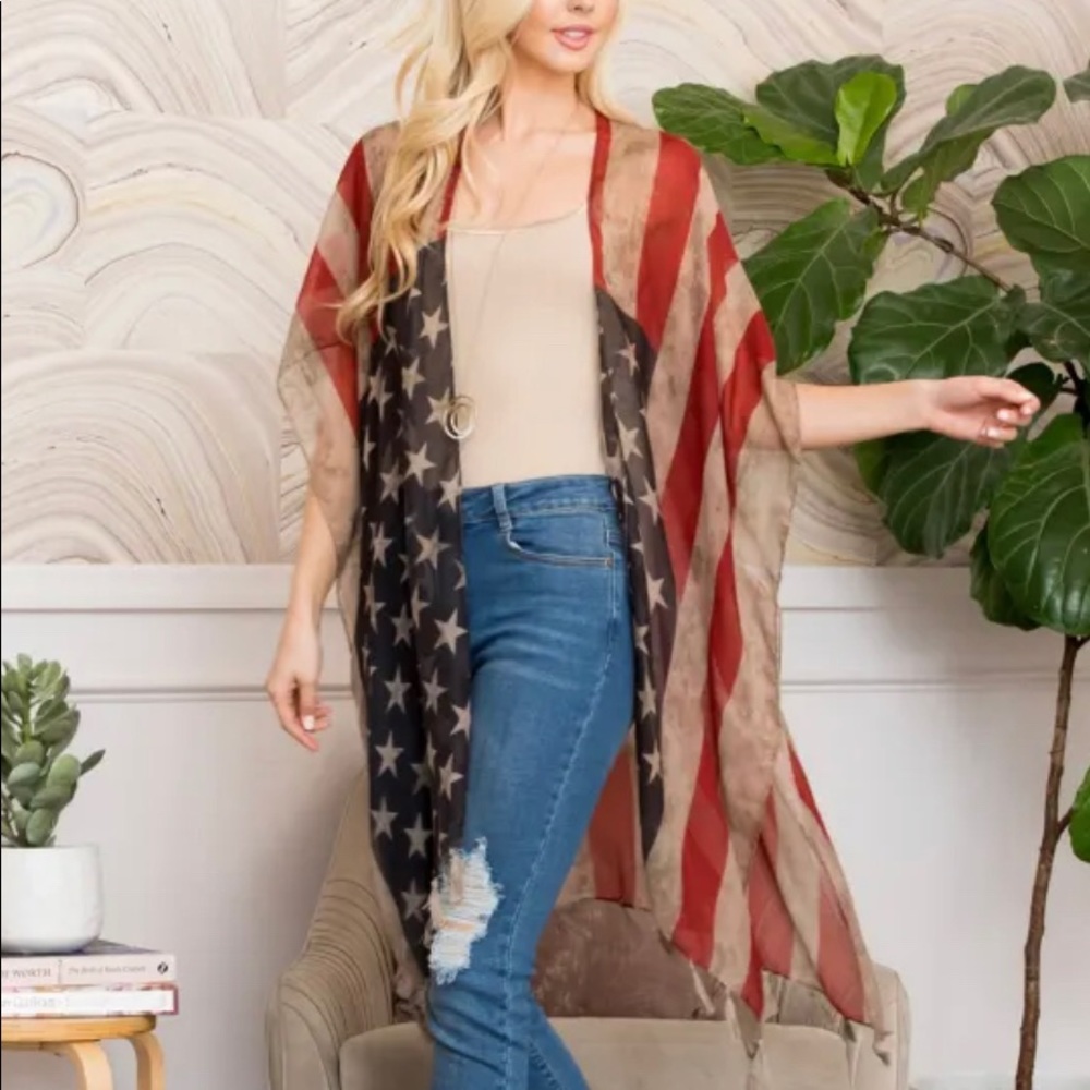 NIP Sheer & Flowing Flag Kimono Patriotic Red White Blue One Size July 4th